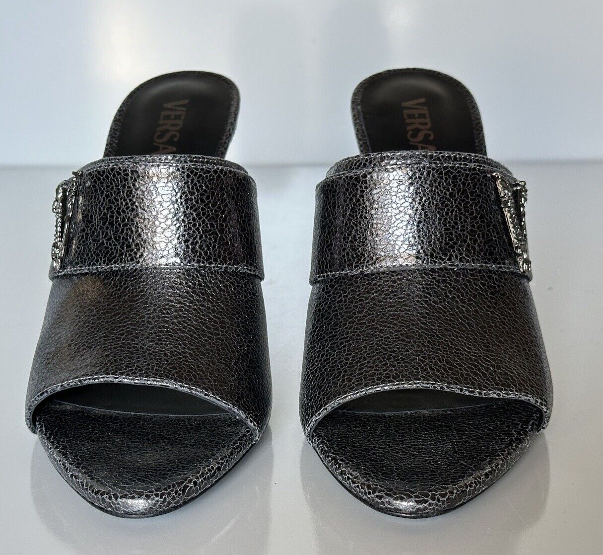 NIB $990 Versace Virtus Leather Black Sandals Shoes 11 US (41 Eu) Spain 1011901