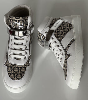 NIB Salvatore Ferragamo Women's High Top Sneakers White/Beige 10.5 US 0751247 IT