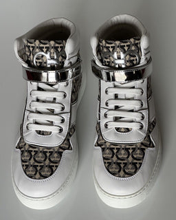 NIB Salvatore Ferragamo Women's High Top Sneakers White/Beige 10.5 US 0751247 IT
