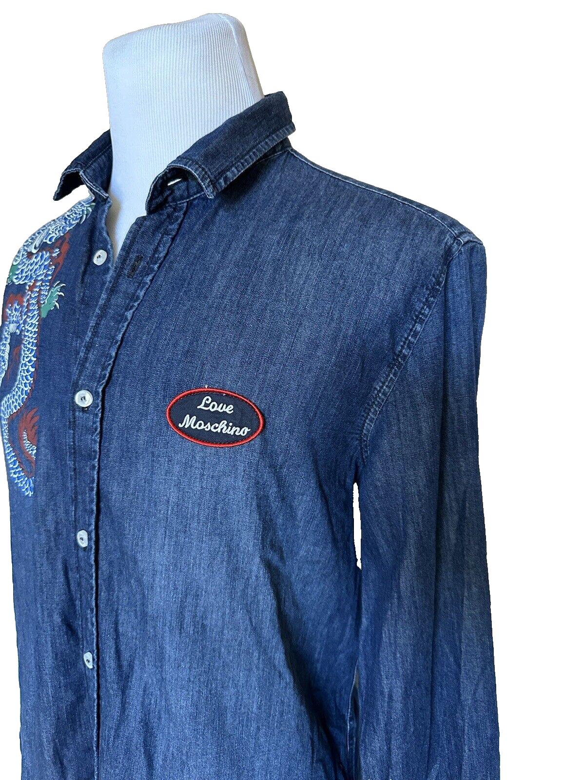 Love Moschino Dragon Logo Long Sleeve Jean Shirt Blue XL