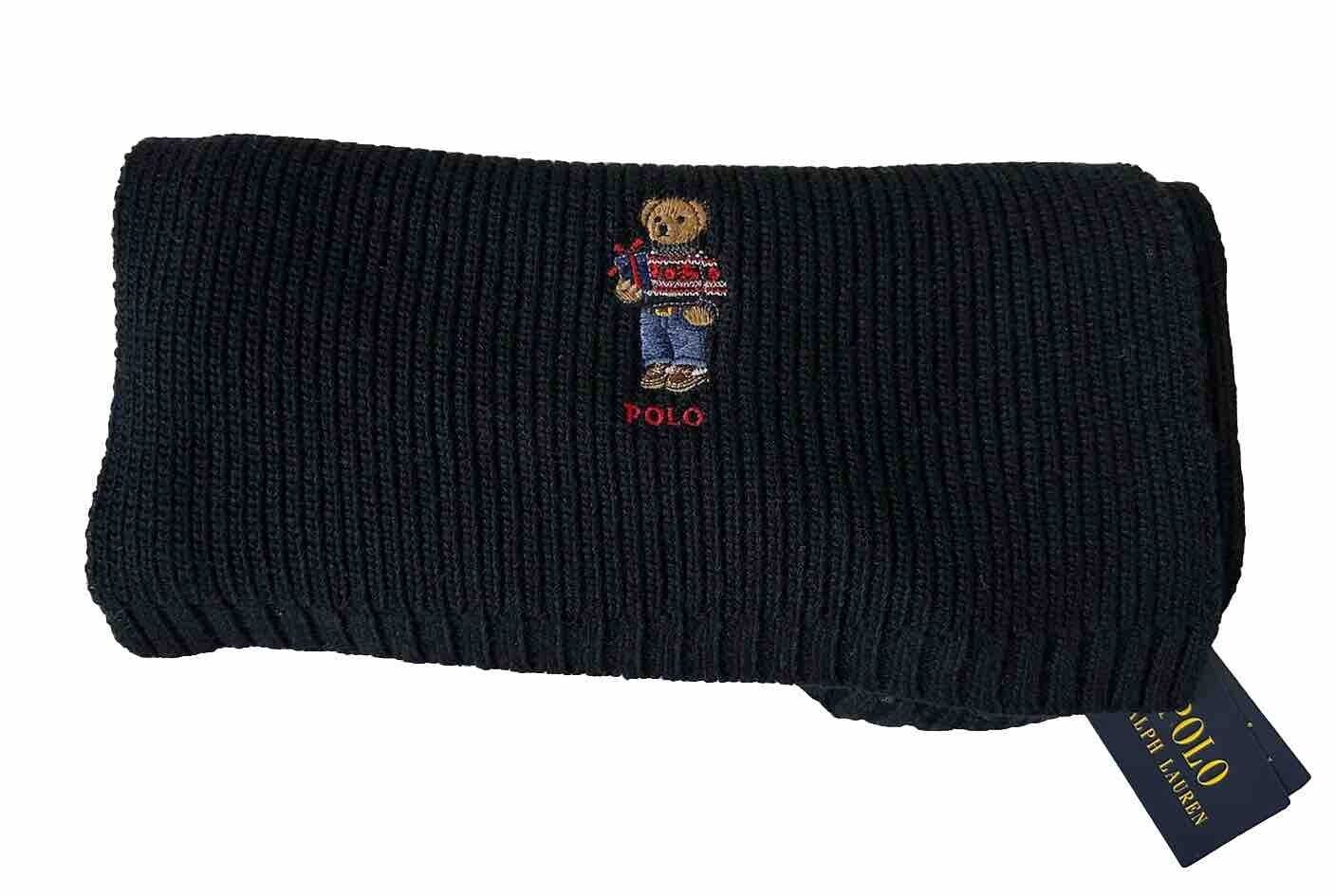 NWT $78 Polo Ralph Lauren Bear Knit Black Scarf 183cmx30.5cm