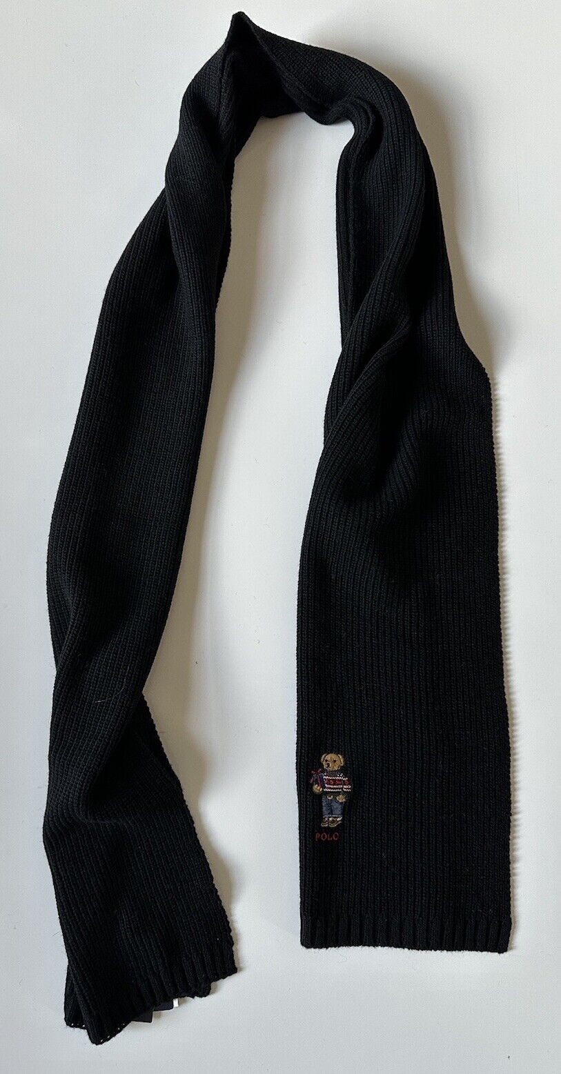 NWT $78 Polo Ralph Lauren Bear Knit Black Scarf 183cmx30.5cm