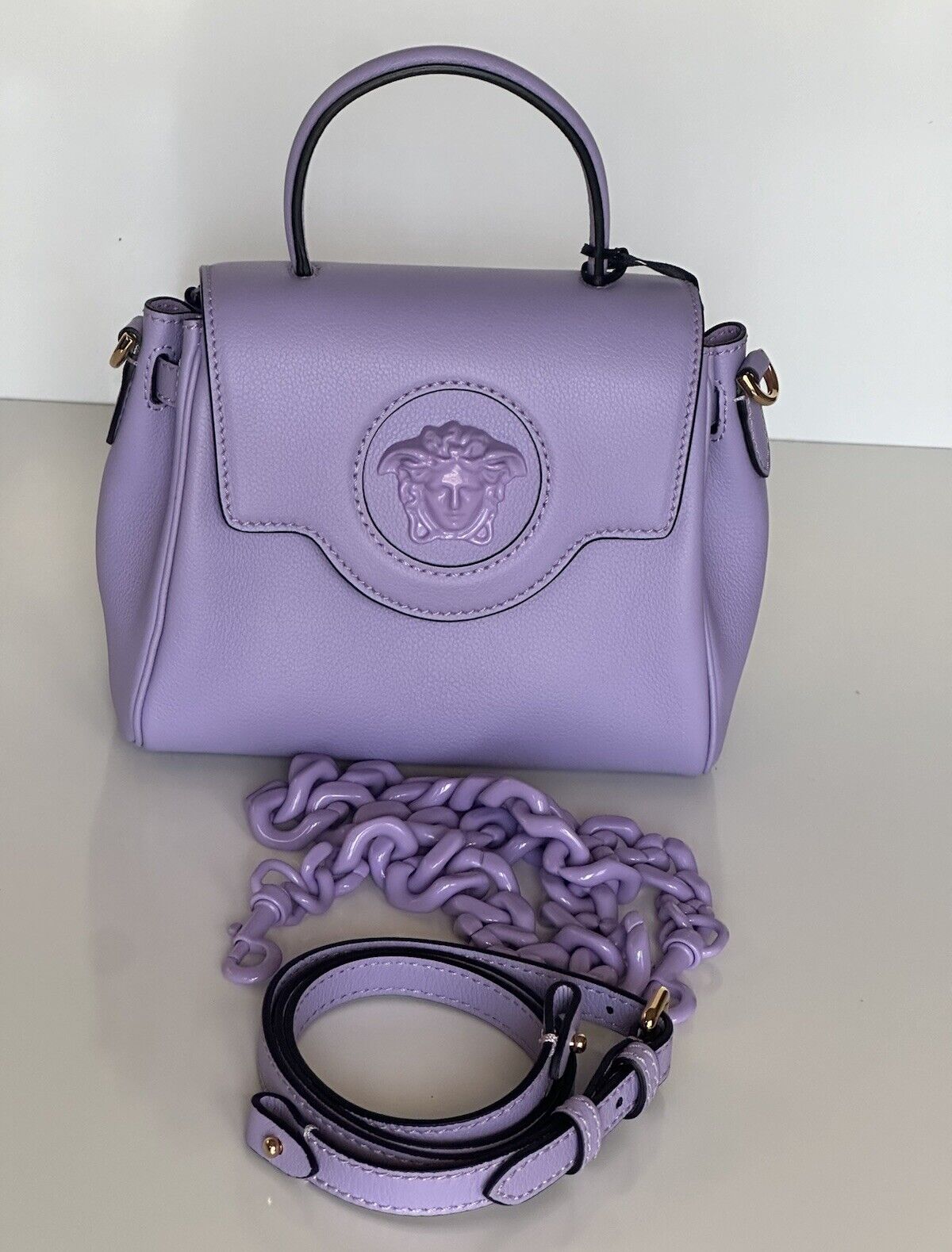 NWT $2125 Versace Top Handle Leather Purple Small Shoulder Bag DBFI040 Italy