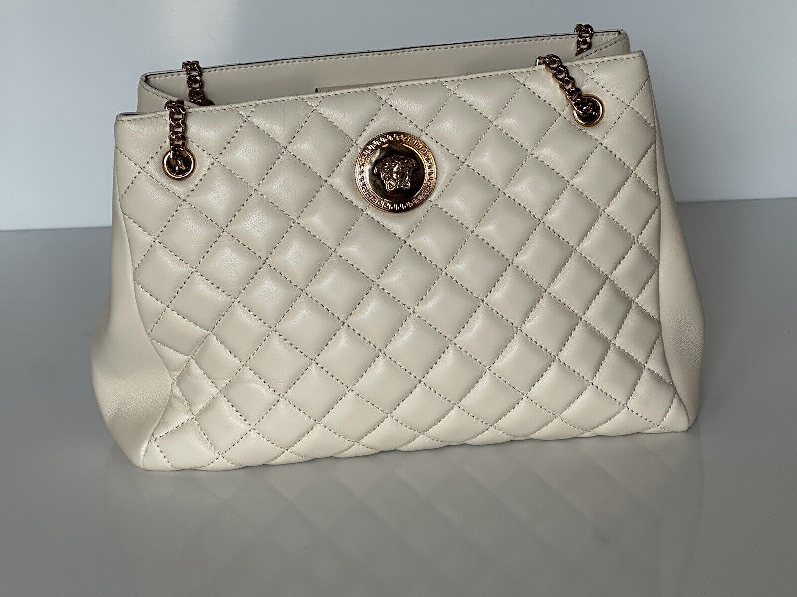 NWT $2100 Versace Evening Quilted Lamb Leather Med Cream Shoulder Bag 1006176 IT