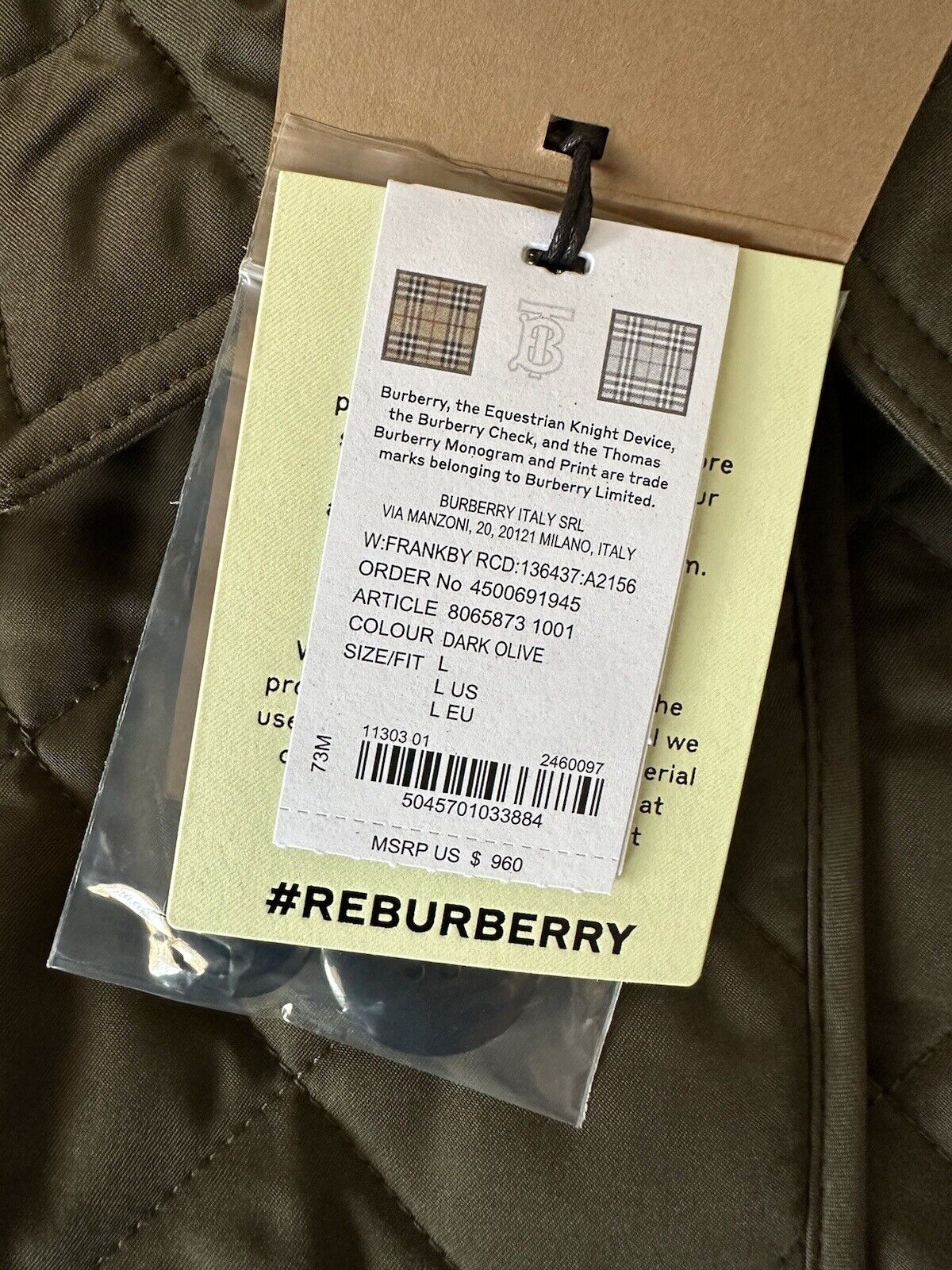 NWT $960 Burberry Women's Quilted Diamond Dark Olive Jacket  Large 8065873