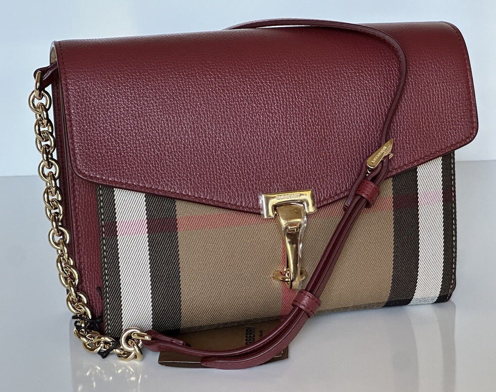 NWT Burberry Small Macken House Check Leather Cross Body Bag Crimson 8080159