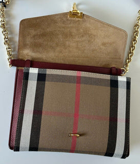 NWT Burberry Small Macken House Check Leather Cross Body Bag Crimson 8080159