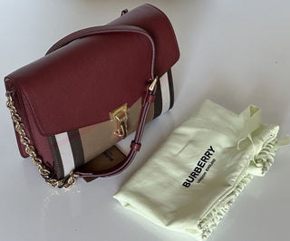 NWT Burberry Small Macken House Check Leather Cross Body Bag Crimson 8080159