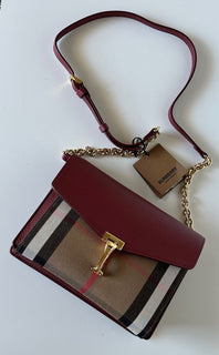 NWT Burberry Small Macken House Check Leather Cross Body Bag Crimson 8080159