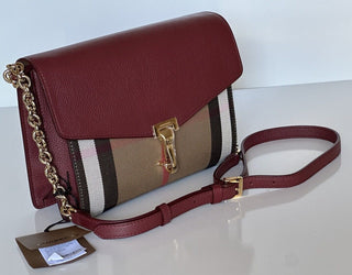 NWT Burberry Small Macken House Check Leather Cross Body Bag Crimson 8080159