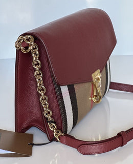 NWT Burberry Small Macken House Check Leather Cross Body Bag Crimson 8080159