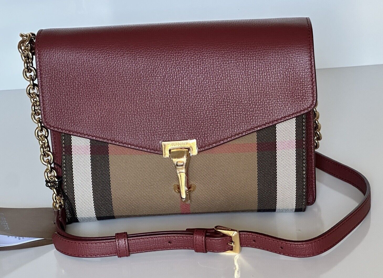 NWT Burberry Small Macken House Check Leather Cross Body Bag Crimson 8080159