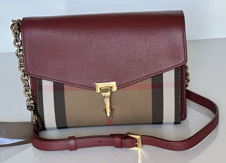 NWT Burberry Small Macken House Check Leather Cross Body Bag Crimson 8080159