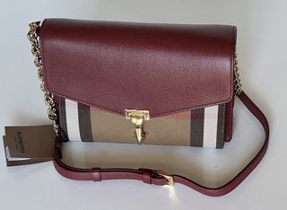 NWT Burberry Small Macken House Check Leather Cross Body Bag Crimson 8080159