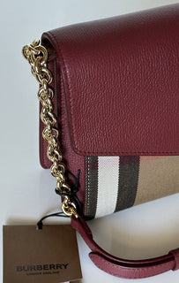 NWT Burberry Small Macken House Check Leather Cross Body Bag Crimson 8080159