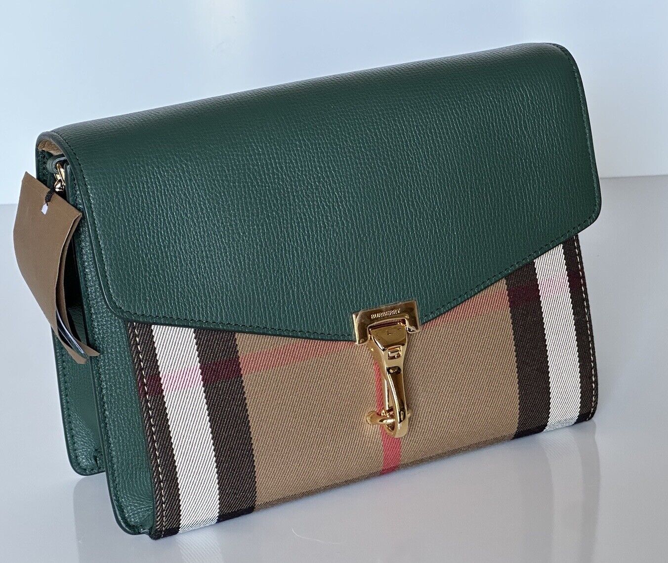 NWT Burberry Small Macken House Check Leather Cross Body Bag Green 80801611