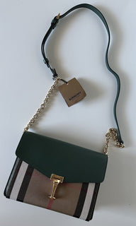 NWT Burberry Small Macken House Check Leather Cross Body Bag Green 80801611