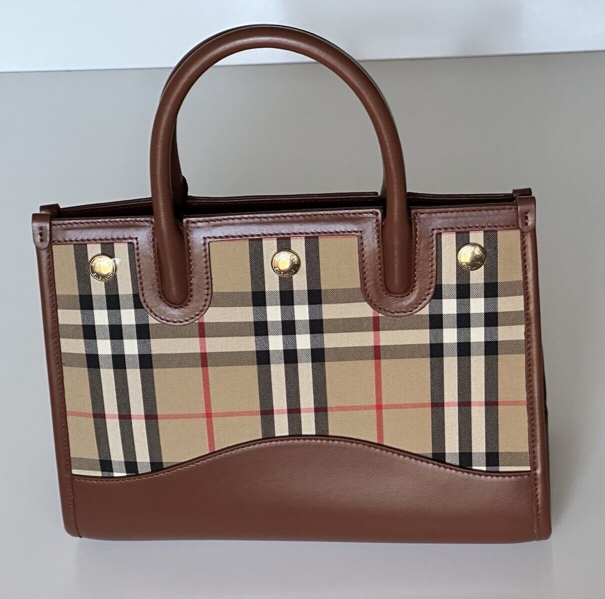 NWT $1560 Burberry Vintage Check Title Small Leather Cross Body Bag Tan 80754241