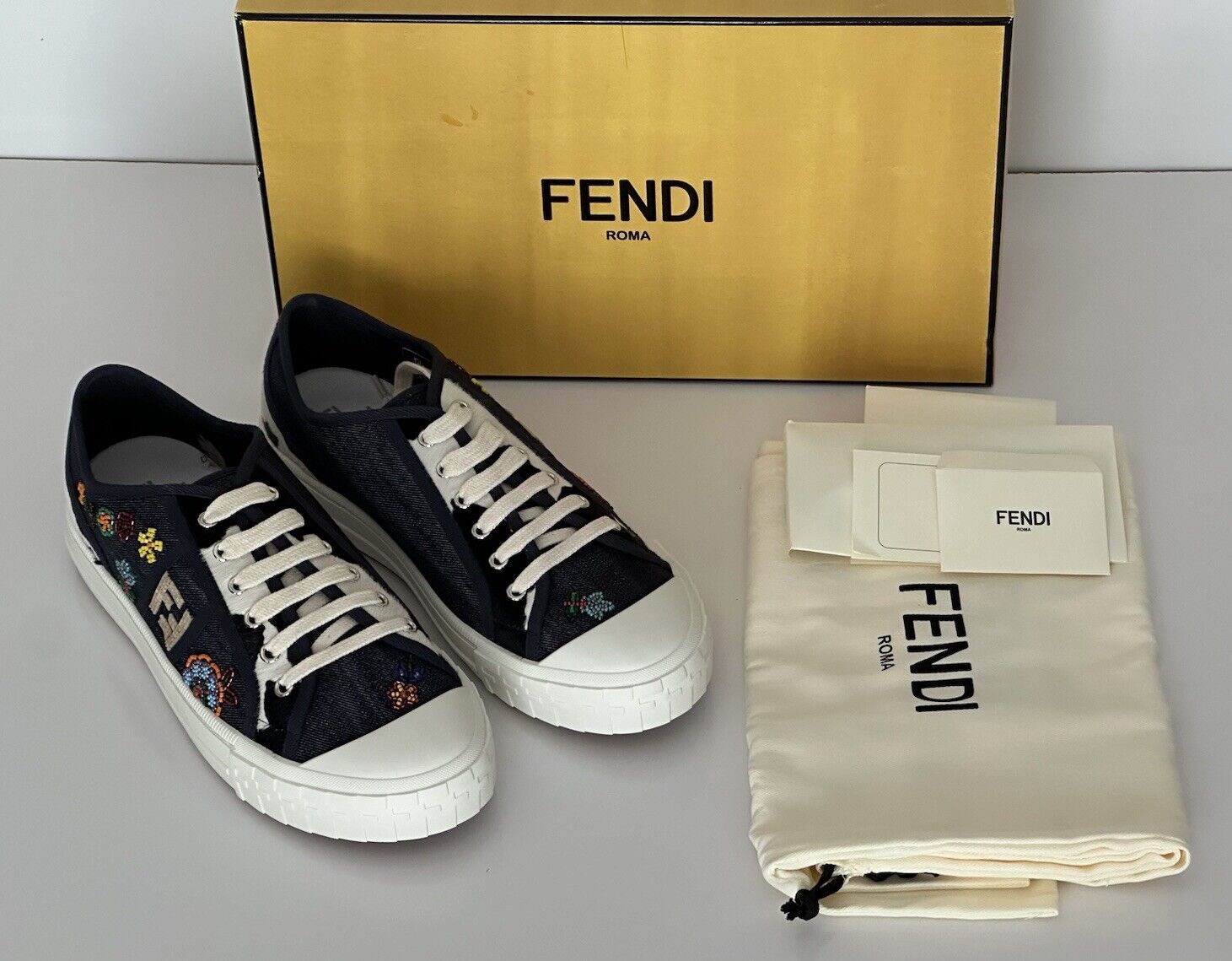 Fendi FF Logo Fabric/Calf Leather Blue Sneakers 10 US (9 Fendi) 7E1553 NIB $1250