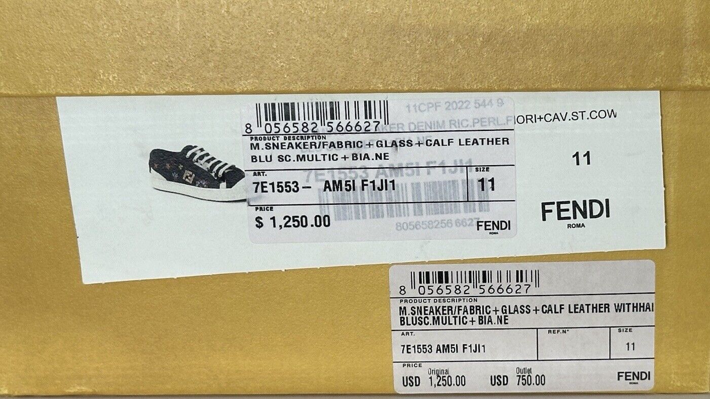 Fendi FF Logo Fabric/Calf Leather Blue Sneakers 12 US 11 Fendi 7E1553 NIB $1250