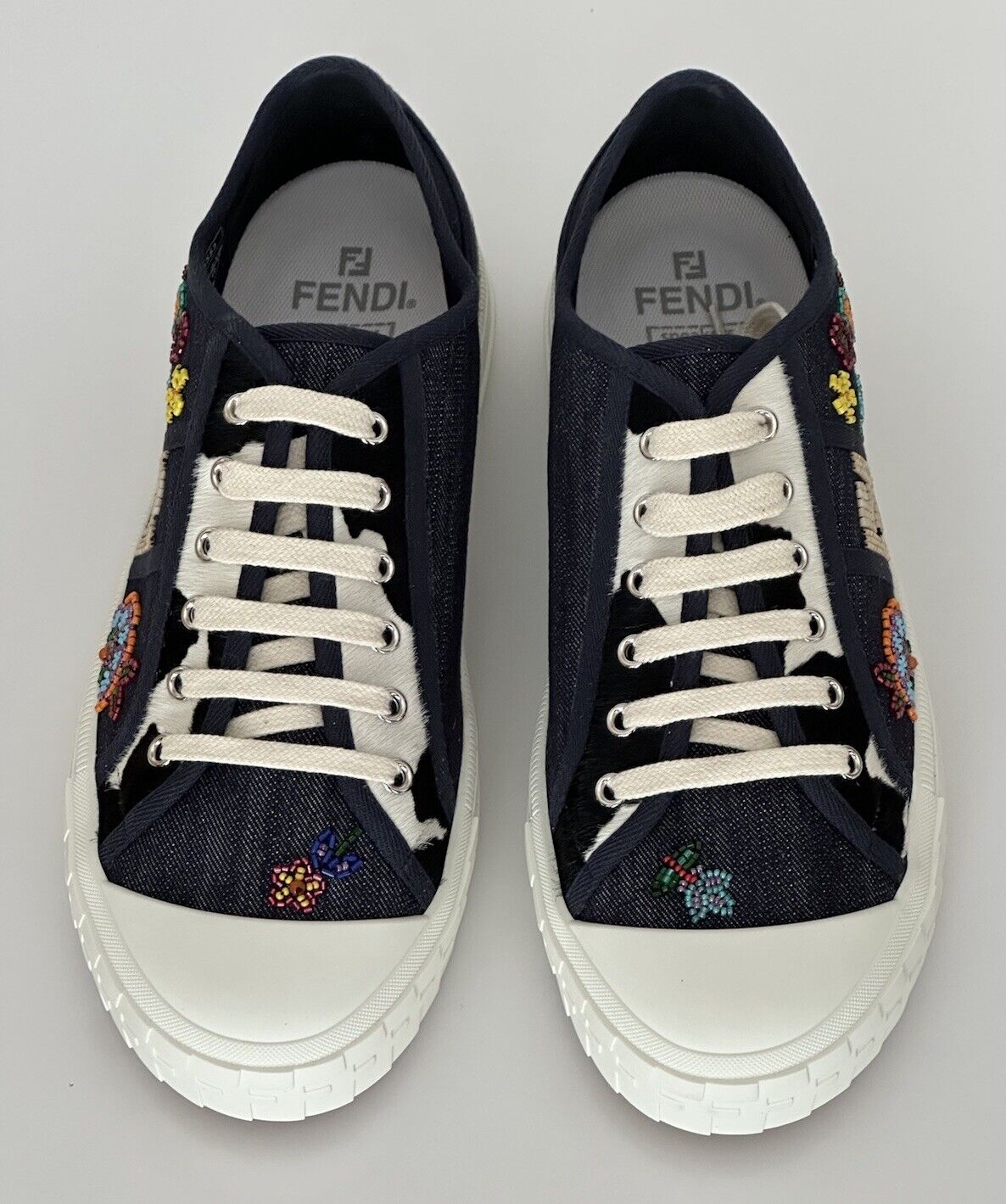 Fendi FF Logo Fabric/Calf Leather Blue Sneakers 12 US 11 Fendi 7E1553 NIB $1250