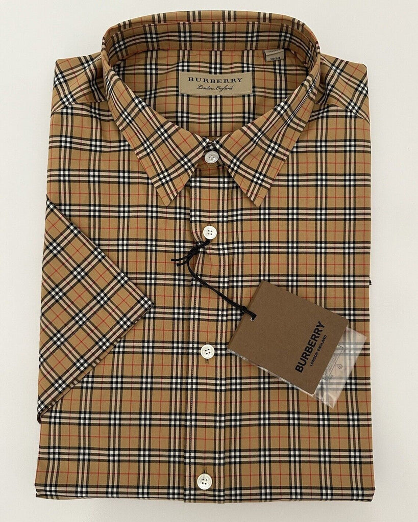 Burberry Edward Antique Yellow IP Check Mens Cotton Short Sleeve Shirt L 8003852