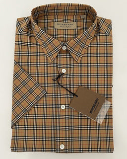 Burberry Edward Antique Yellow IP Check Mens Cotton Short Sleeve Shirt L 8003852