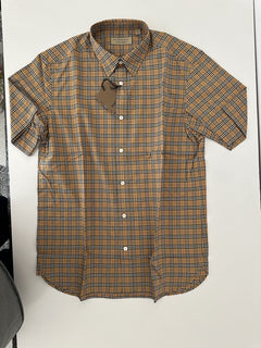 Burberry Edward Antique Yellow IP Check Mens Cotton Short Sleeve Shirt L 8003852