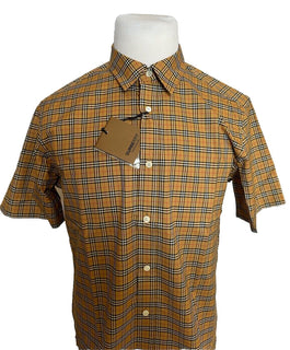 Burberry Edward Antique Yellow IP Check Mens Cotton Short Sleeve Shirt L 8003852