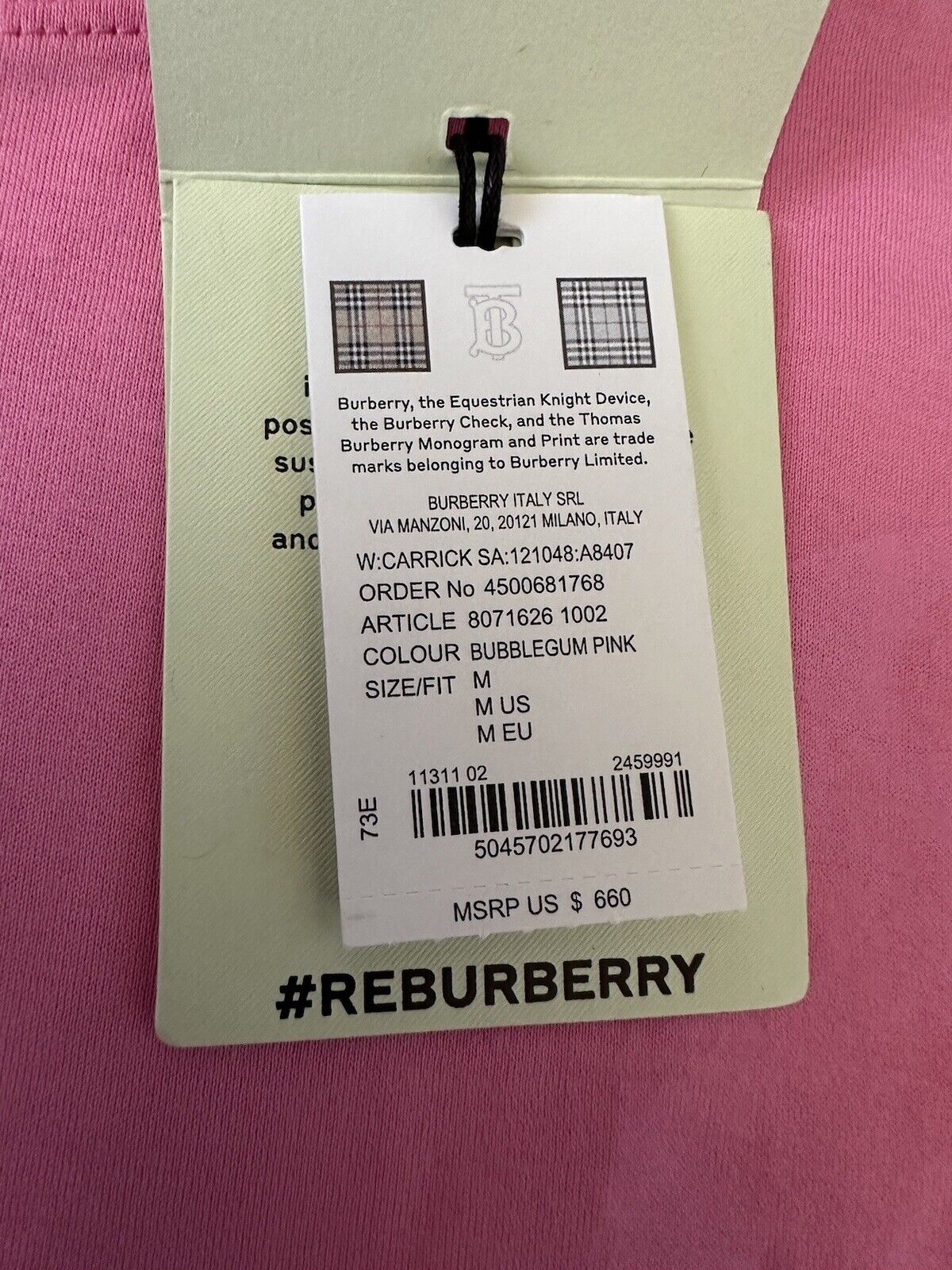 Burberry Carrick Logo Pink Cotton T-shirt M Oversized Portugal 8071626 NWT $660