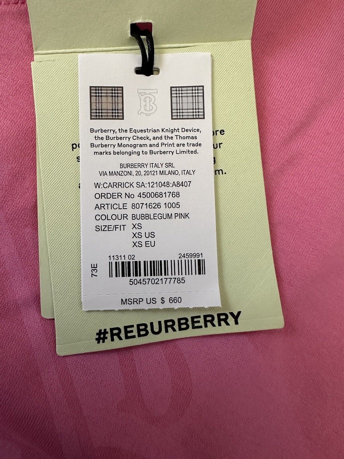 Burberry Carrick Logo Pink Cotton T-shirt XS Oversized Portugal 8071626 NWT $660