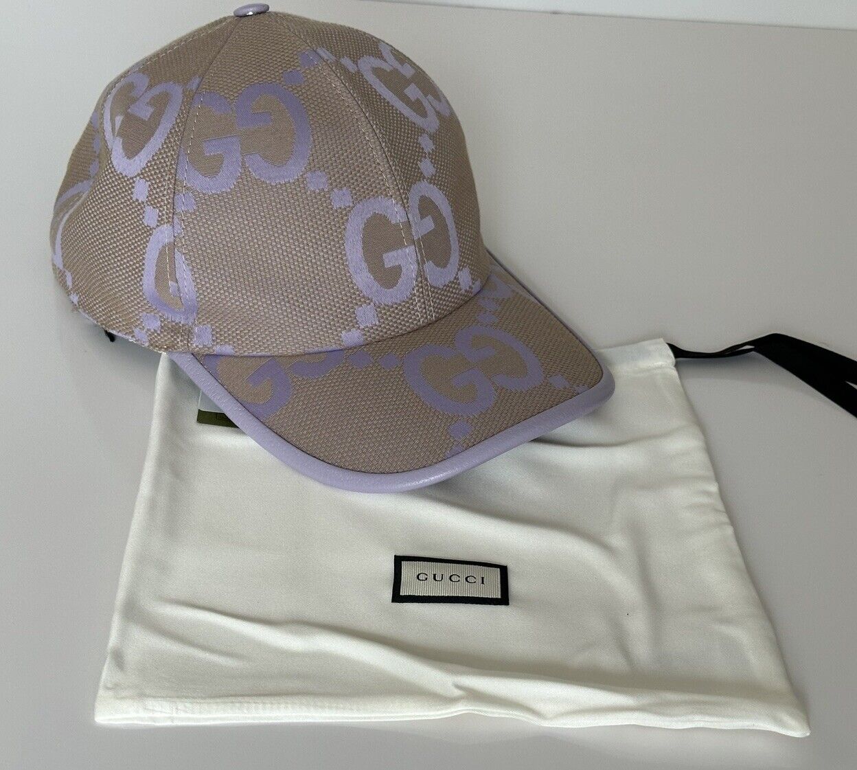 Gucci Jumbo GG Print Canvas Baseball Cap Beige Lapis Hat M Italy 735011 NWT
