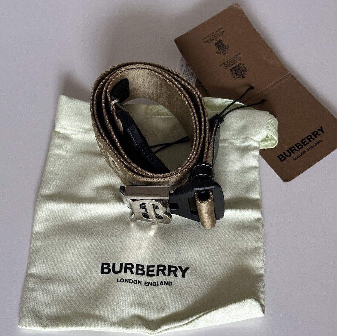 Burberry Sport Clip TB Buckle Nylon Honey Belt 38/95 Italy 8051511 New $440