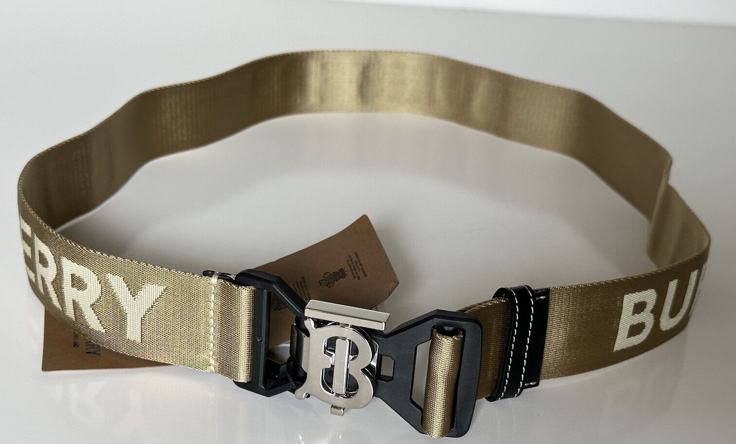 Burberry Sport Clip TB Buckle Nylon Honey Belt 38/95 Italy 8051511 New $440