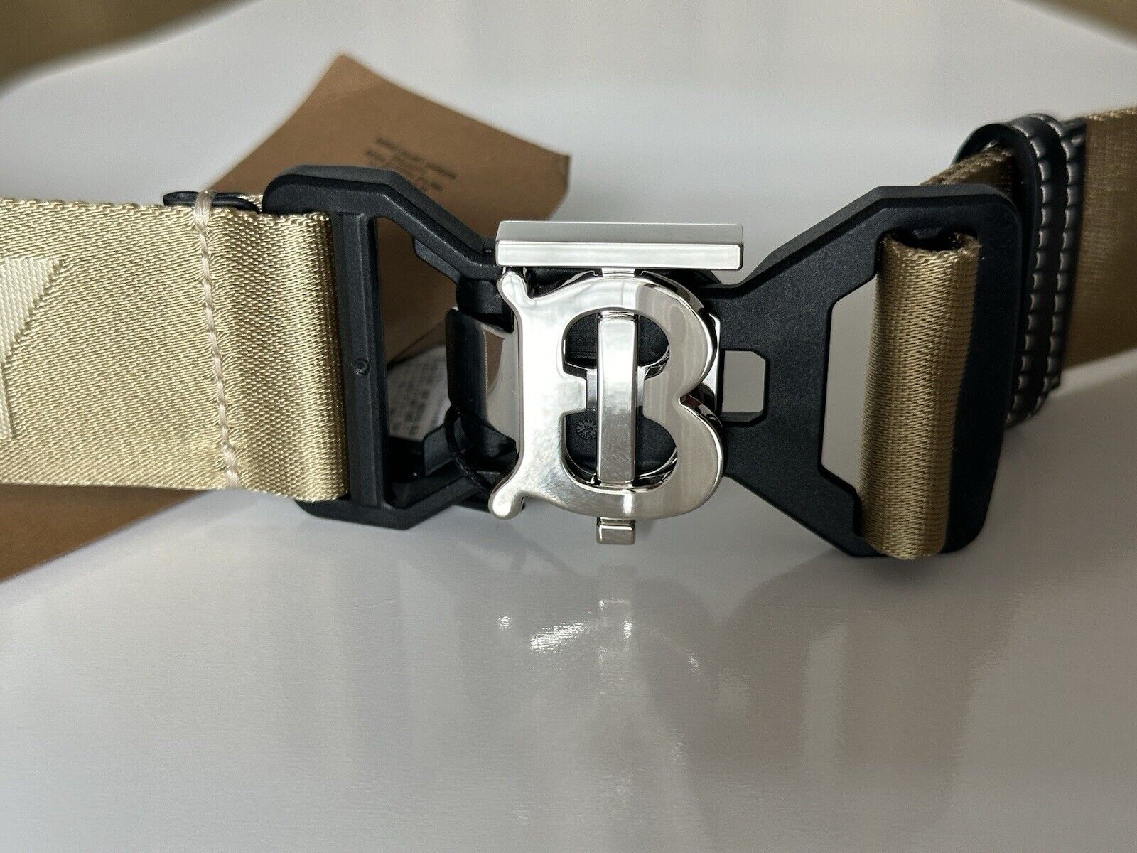 Burberry Sport Clip TB Buckle Nylon Honey Belt 32/80 Italy 8051511 New $440