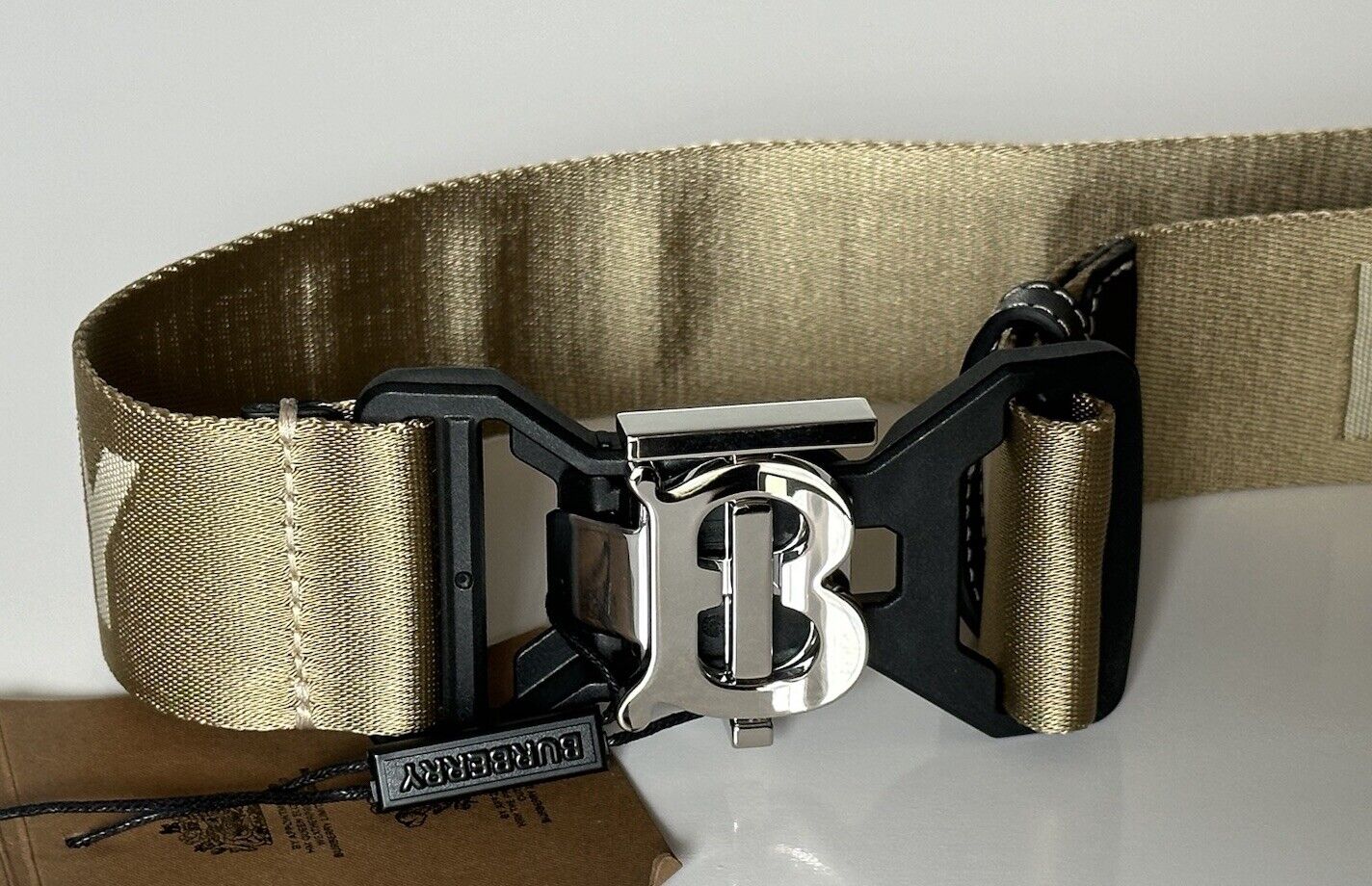 Burberry Sport Clip TB Buckle Nylon Honey Belt 32/80 Italy 8051511 New $440