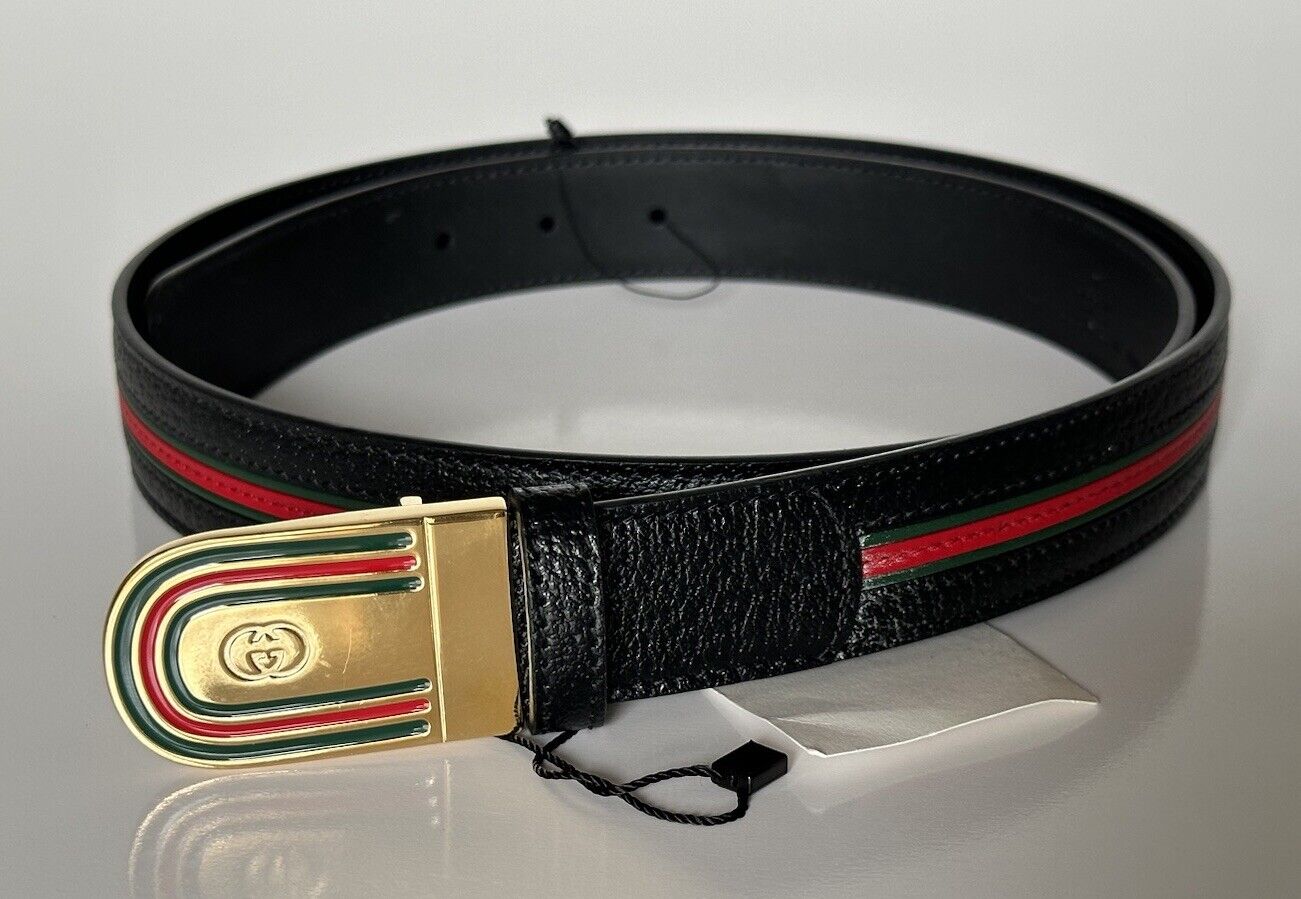 Gucci Web Mens Plaque Buckle Leather Belt Black/Green/Red 100/40 715601 NWT $505