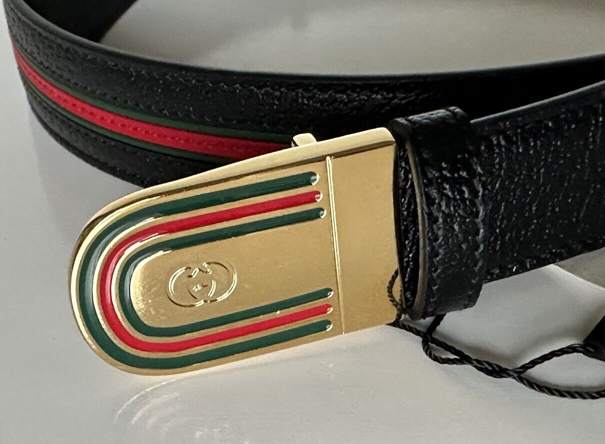 Gucci Web Mens Plaque Buckle Leather Belt Black/Green/Red 100/40 715601 NWT $505