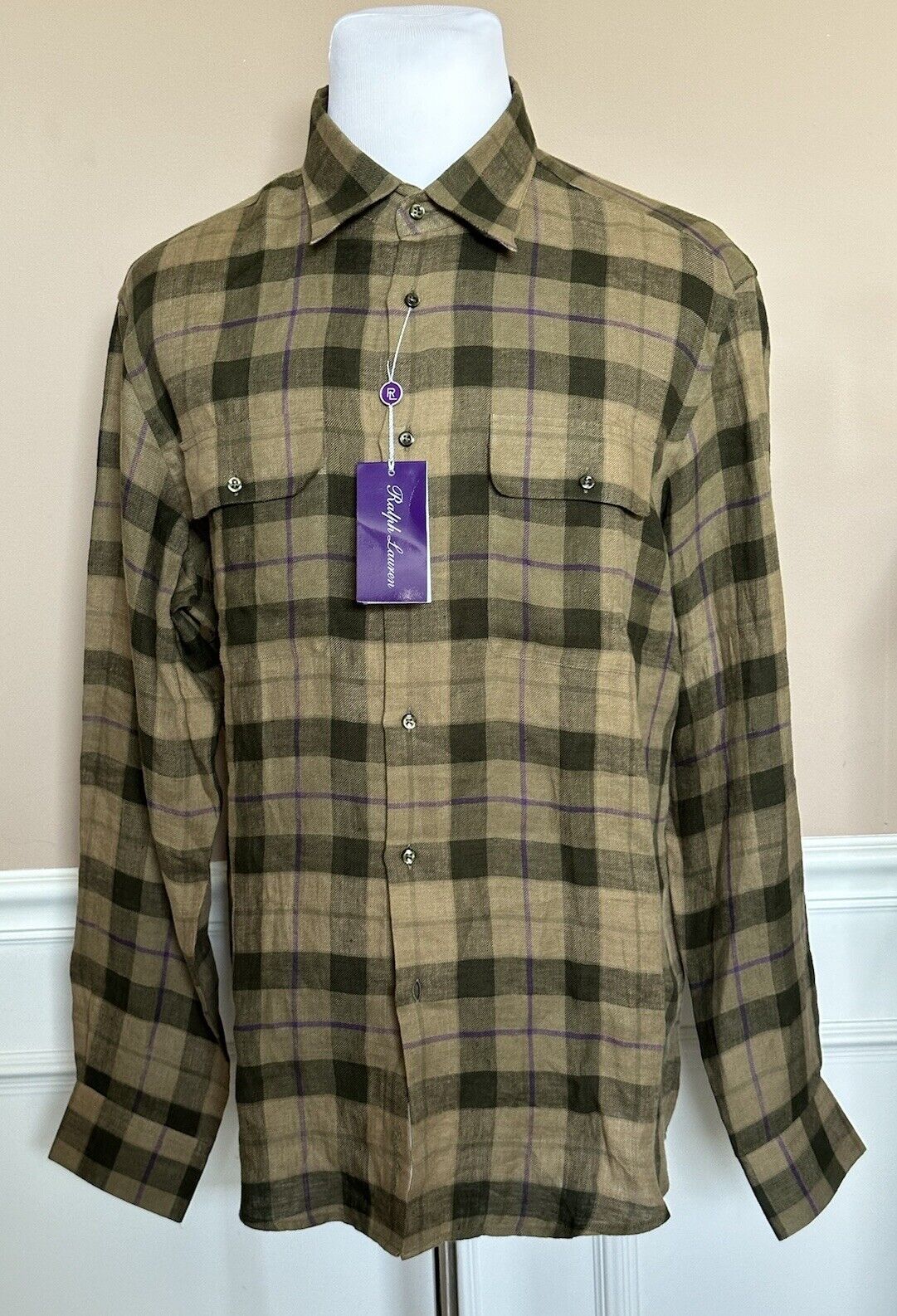 Ralph Lauren Purple Label Olive Men's Linen Shirt XL Made in Italy NWT $495