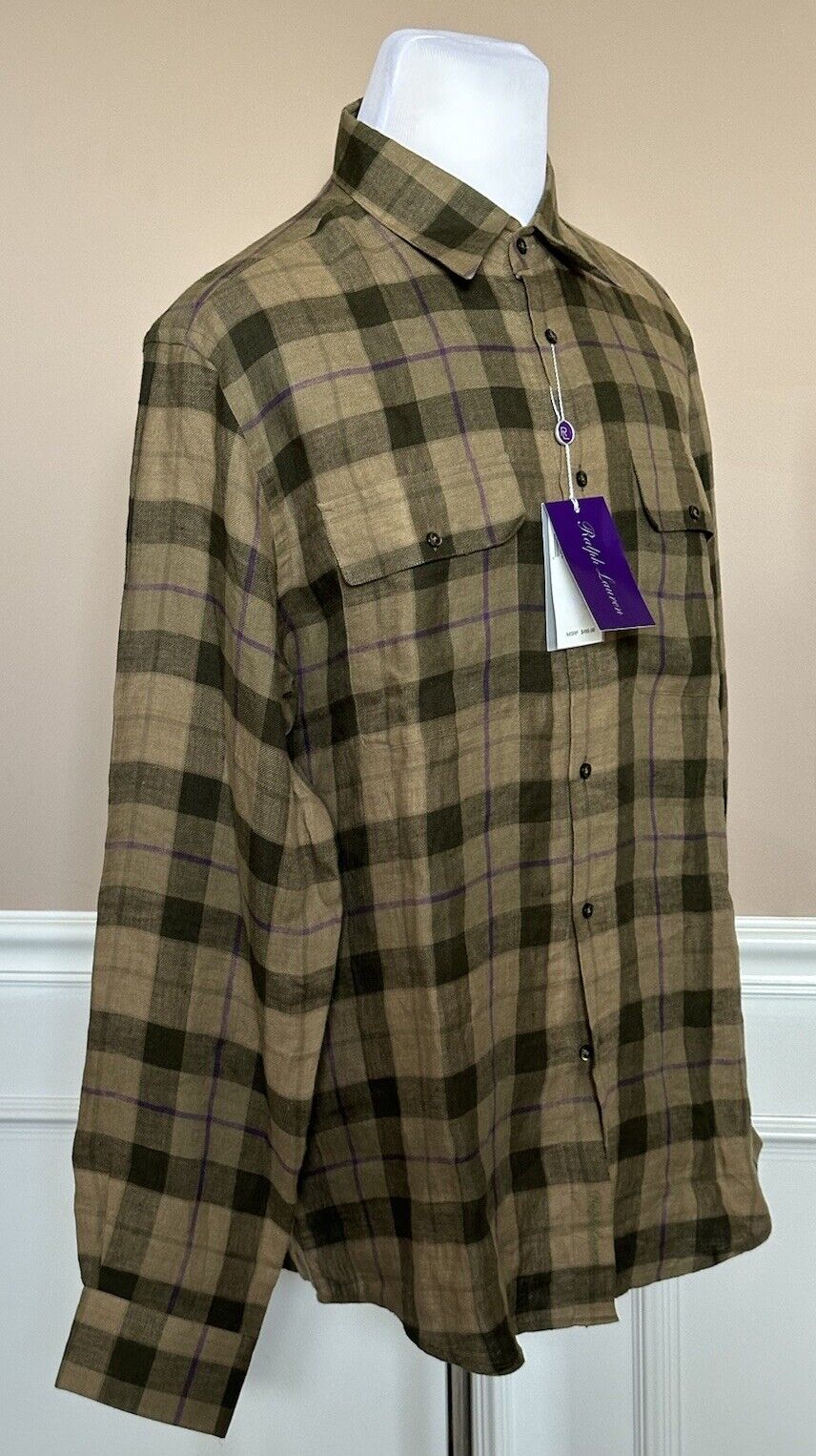 Ralph Lauren Purple Label Olive Men's Linen Shirt XL Made in Italy NWT $495