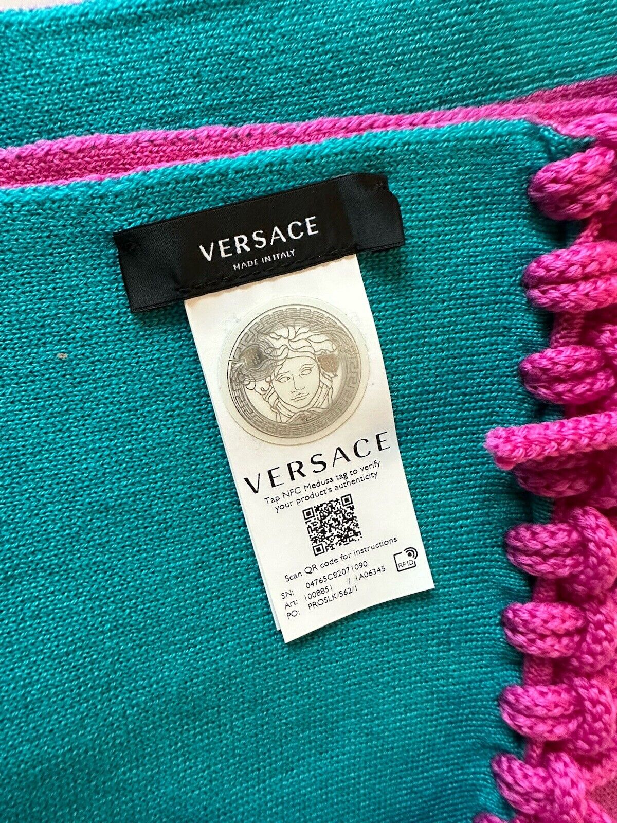 Versace Knit Logo Wool Pink/Turquoise Scarf 12Wx70L Italy 1008851 New $825