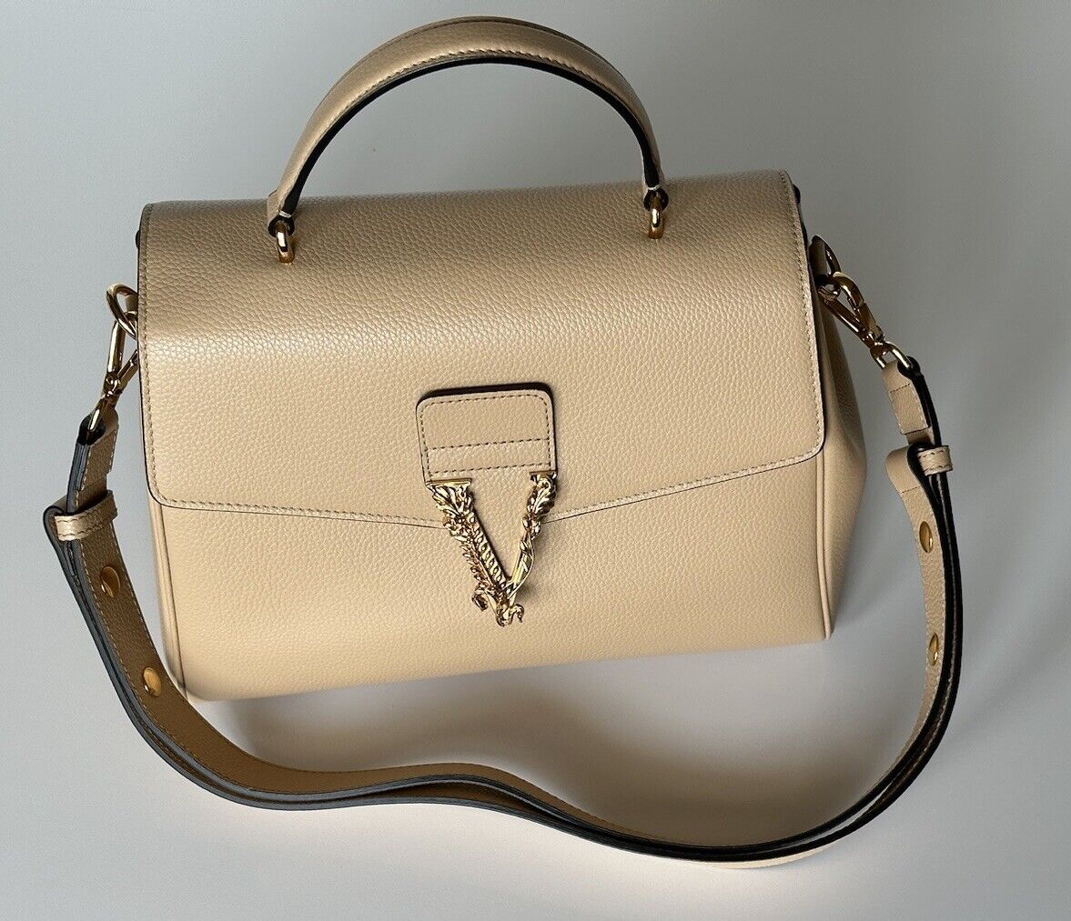 Versace Top Handle Grainy Calf Leather Beige Shoulder Bag 1013351 IT NWT $1775