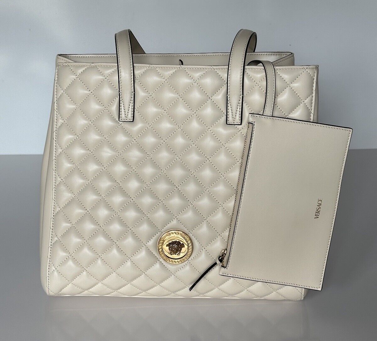 Versace Medusa Quilted Lamb Leather Off-White Tote Bag 1013789 IT NWT $1700