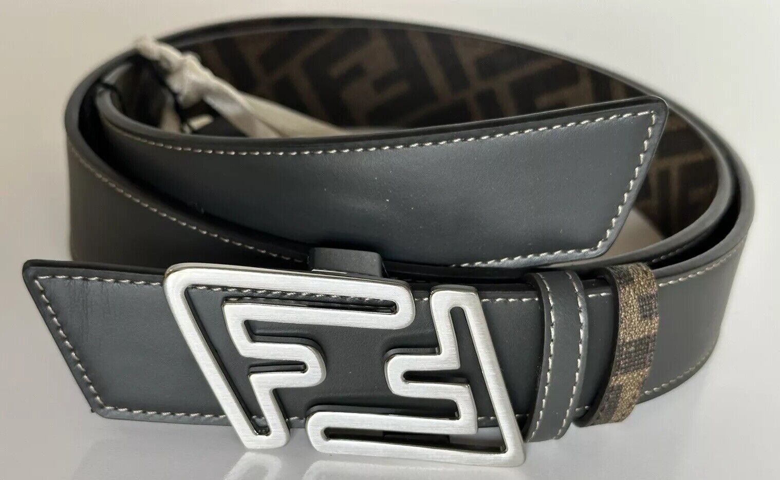 Fendi FF Faster Leather Asphalt&Brown Reversible Belt 110/44 7C0486 IT NIB $620