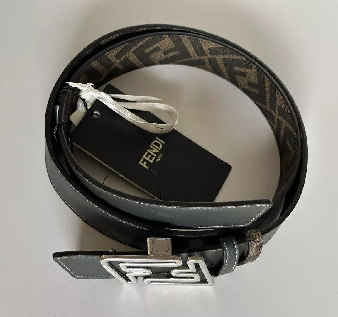 Fendi FF Faster Leather Asphalt&Brown Reversible Belt 110/44 7C0486 IT NIB $620