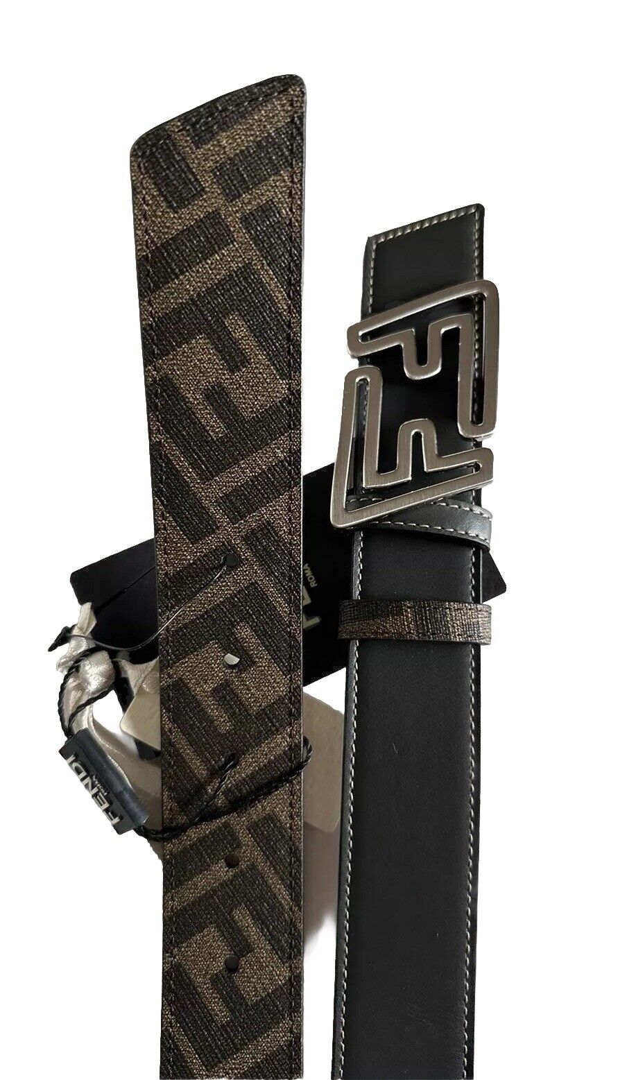 Fendi FF Faster Leather Asphalt&Brown Reversible Belt 110/44 7C0486 IT NIB $620