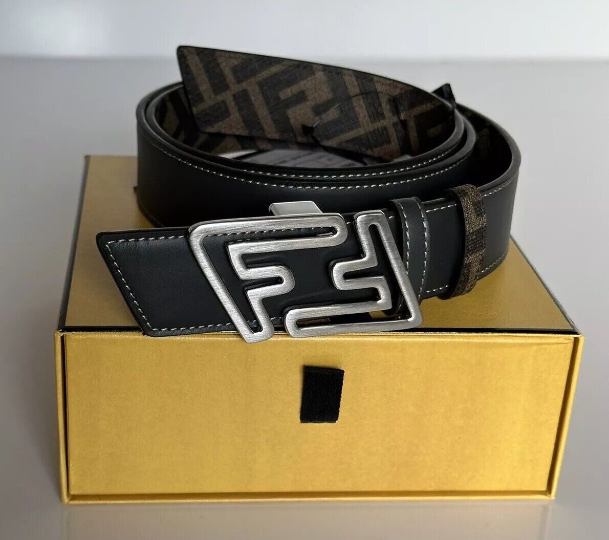 Fendi FF Faster Leather Asphalt&Brown Reversible Belt 110/44 7C0486 IT NIB $620