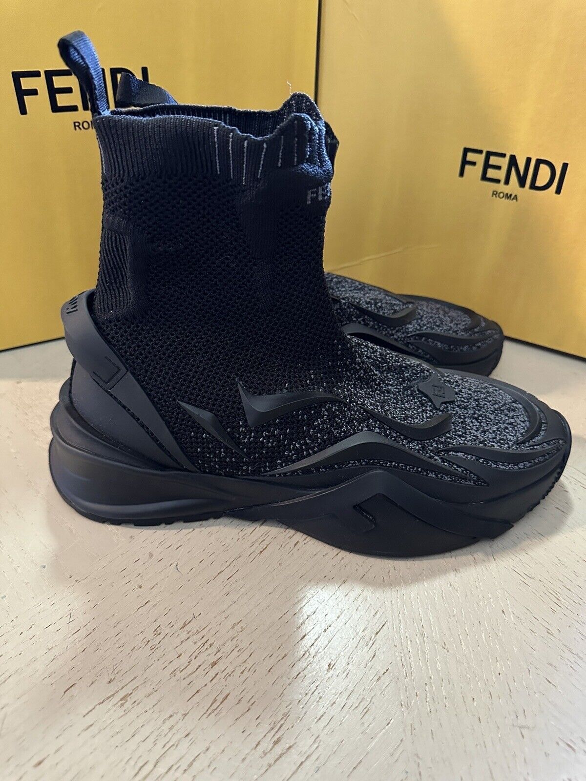 Fendi Contrast Knit High Top Sock Sneakers Shoes Black 14 US 7E1554 NIB $1190