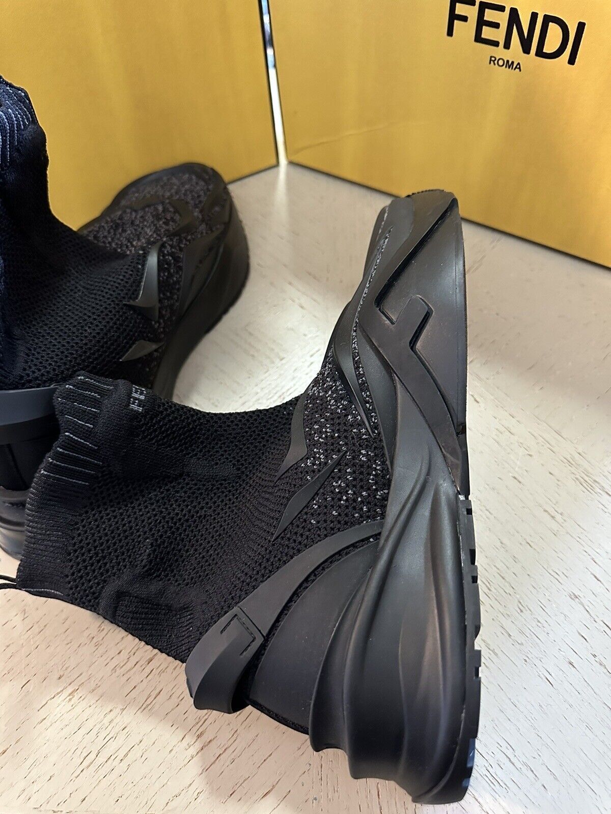 Fendi Contrast Knit High Top Sock Sneakers Shoes Black 14 US 7E1554 NIB $1190