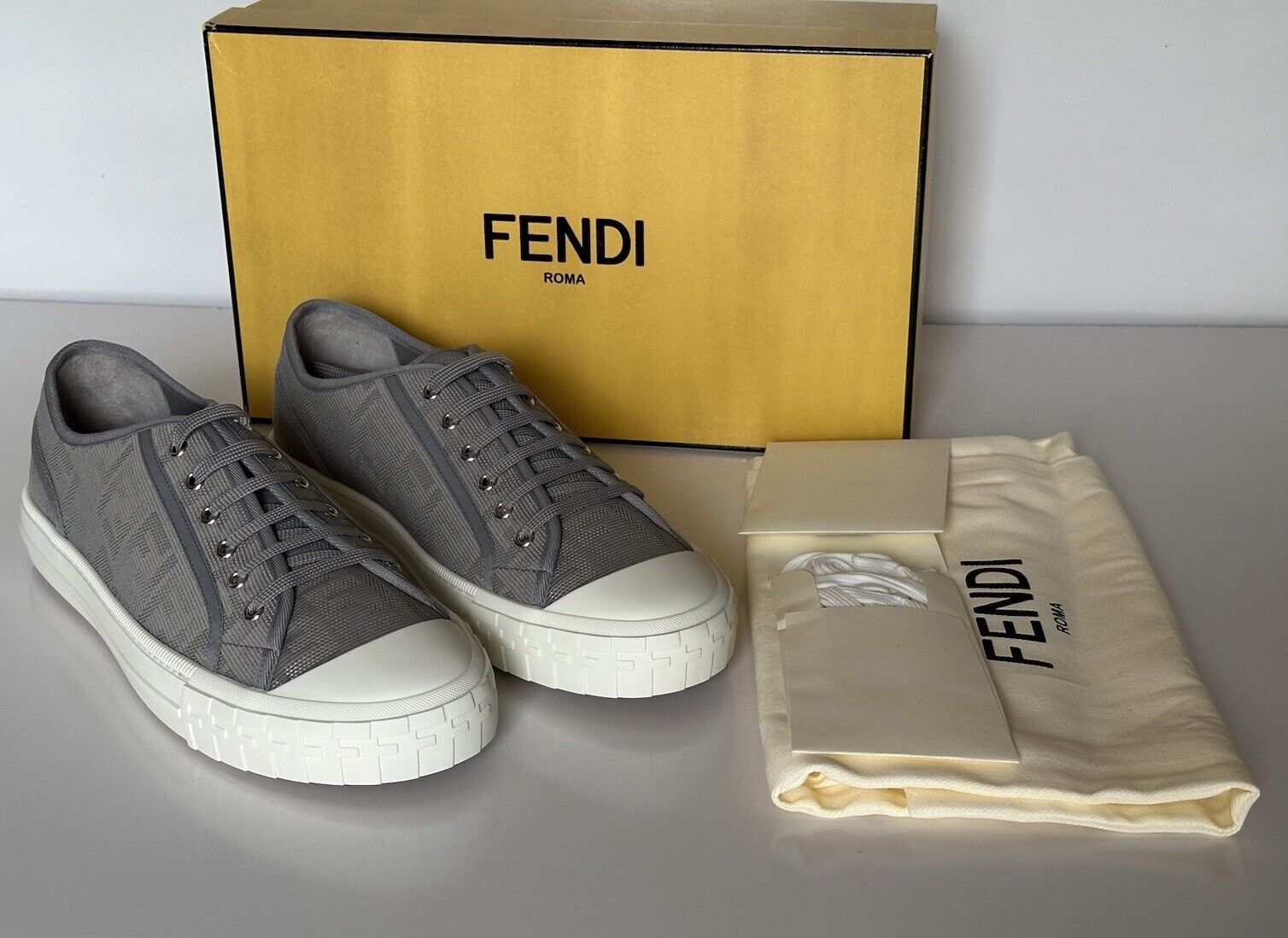 Fendi FF Logo Fabric Domino Silver Sneakers 13 US (12 Fendi) 7E1553 IT NIB $750
